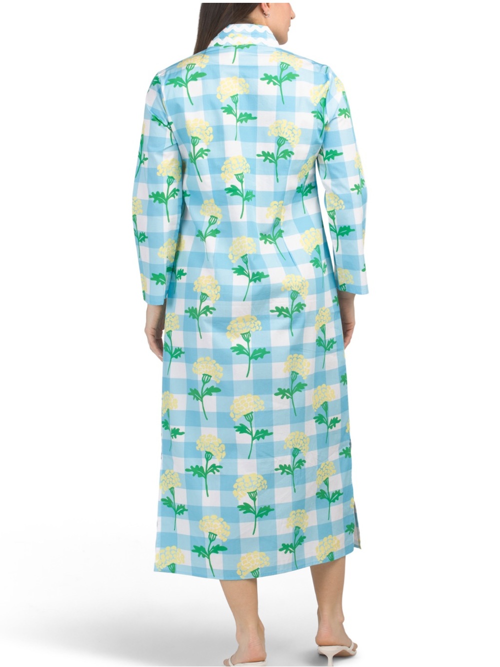 Sail to Sable Blue Gingham Yellow Hydrangea Floral Caftan Dress XS Extra Small - Picture 5 of 7